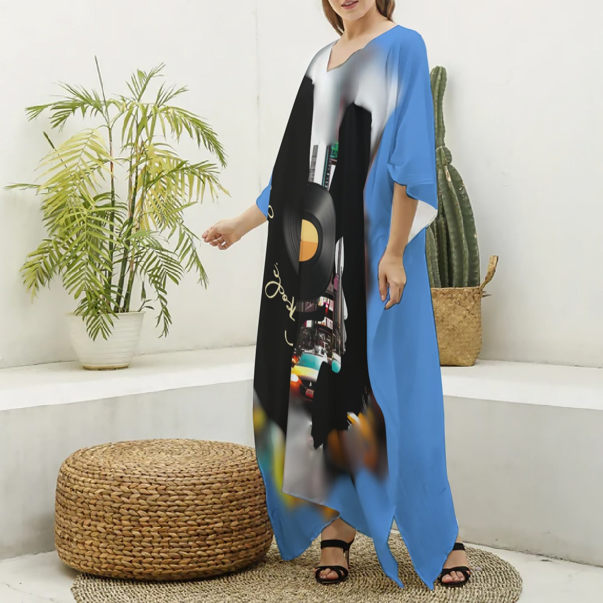 Kaftan – Blue & Black Urban Jazzy Cityscape V-neck Kaftan
