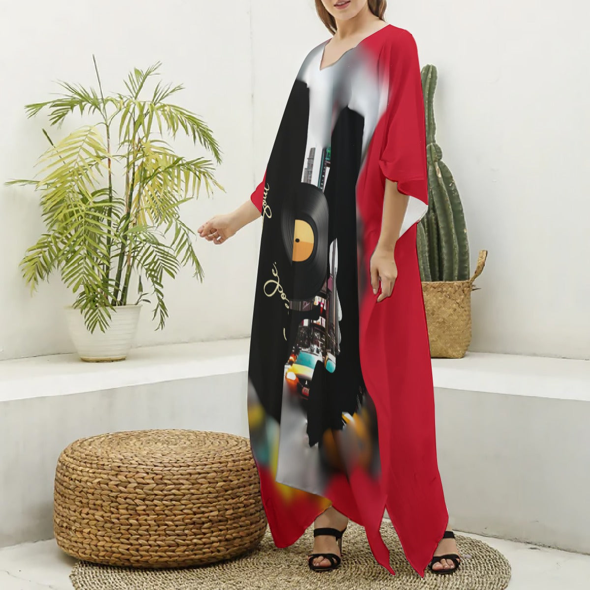 Kaftan – Red & Black Urban Jazzy Cityscape, V-neck Kaftan