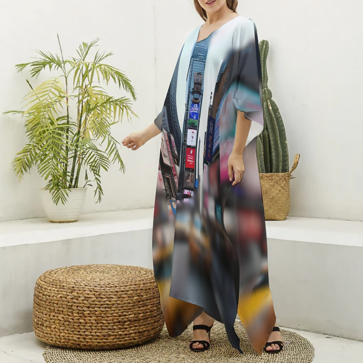 Kaftan, Cityscape – Blue/ Red  V-neck Kaftan Robe
