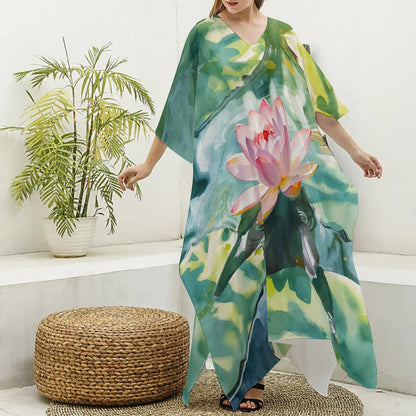 Kaftan, Pink/Teal Lotus Flower – Light, Elegant & Year-Round Ready
