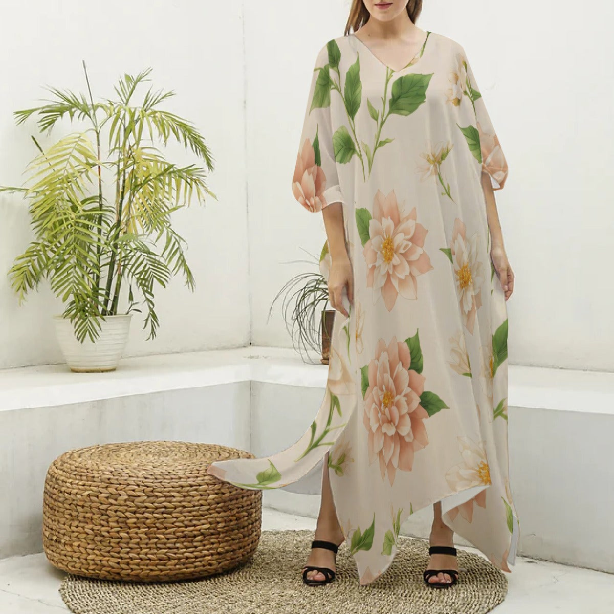 Kaftan, Tan with Soft Pink Floral Designs