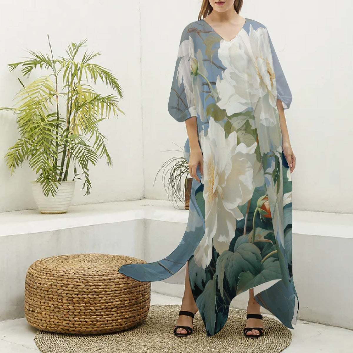 Kaftans, Women's Blue & White Floral V-Neck Kaftan