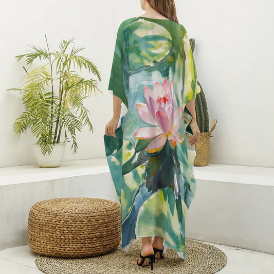 Kaftan, Pink/Teal Lotus Flower – Light, Elegant & Year-Round Ready