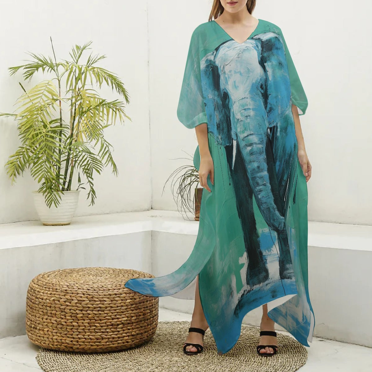 Kaftan, Teal Women's V-neck, Majestic Animal Print