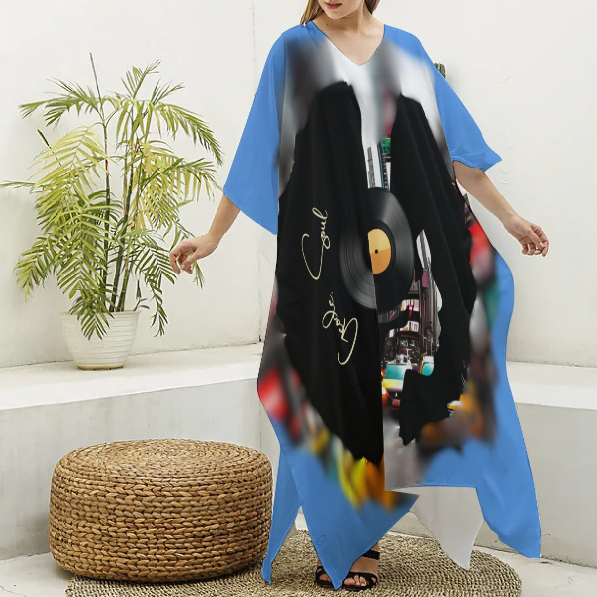 Kaftan – Blue & Black Urban Jazzy Cityscape V-neck Kaftan