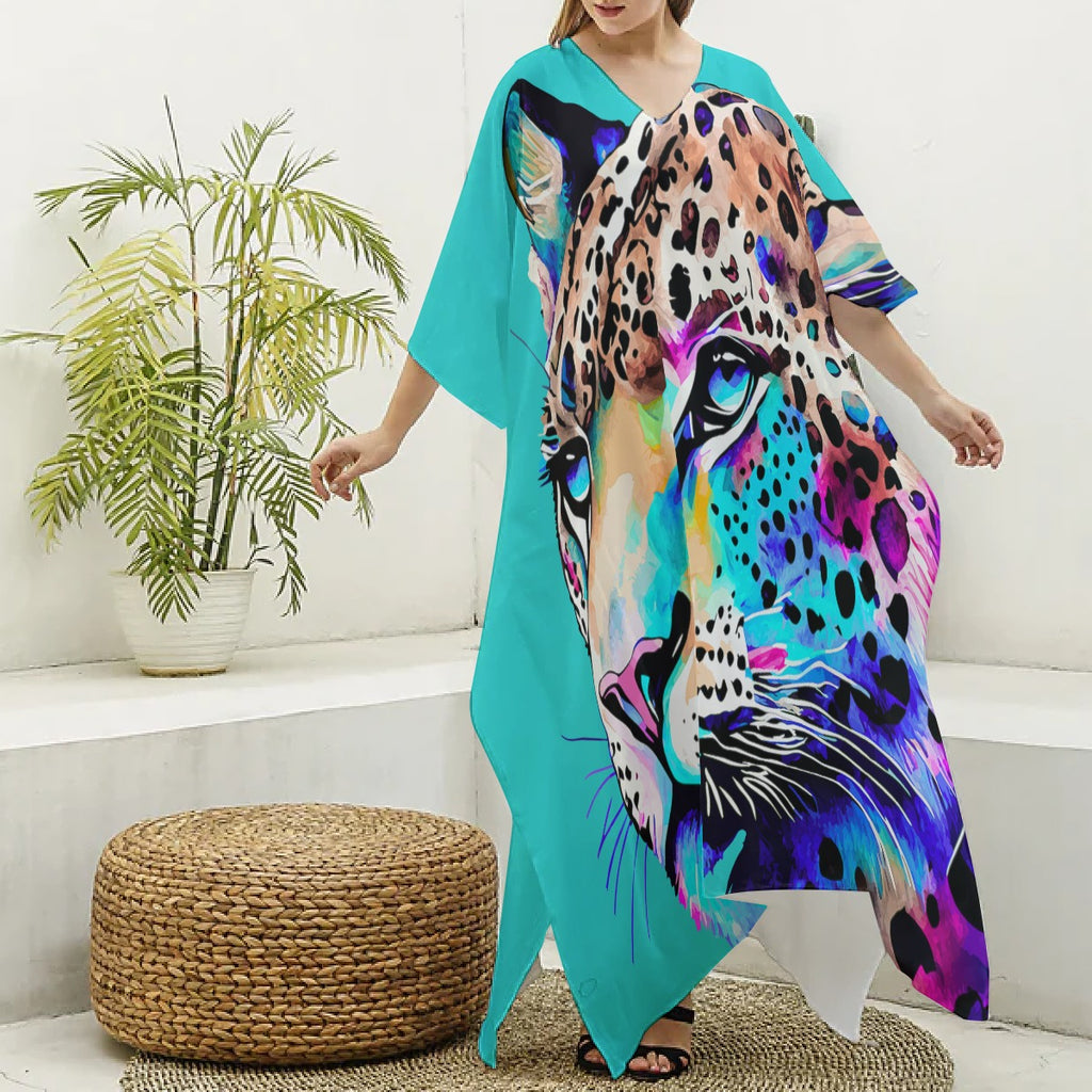 Kaftan – Turquoise, Colorful Leopard Print, V-neck Kaftan