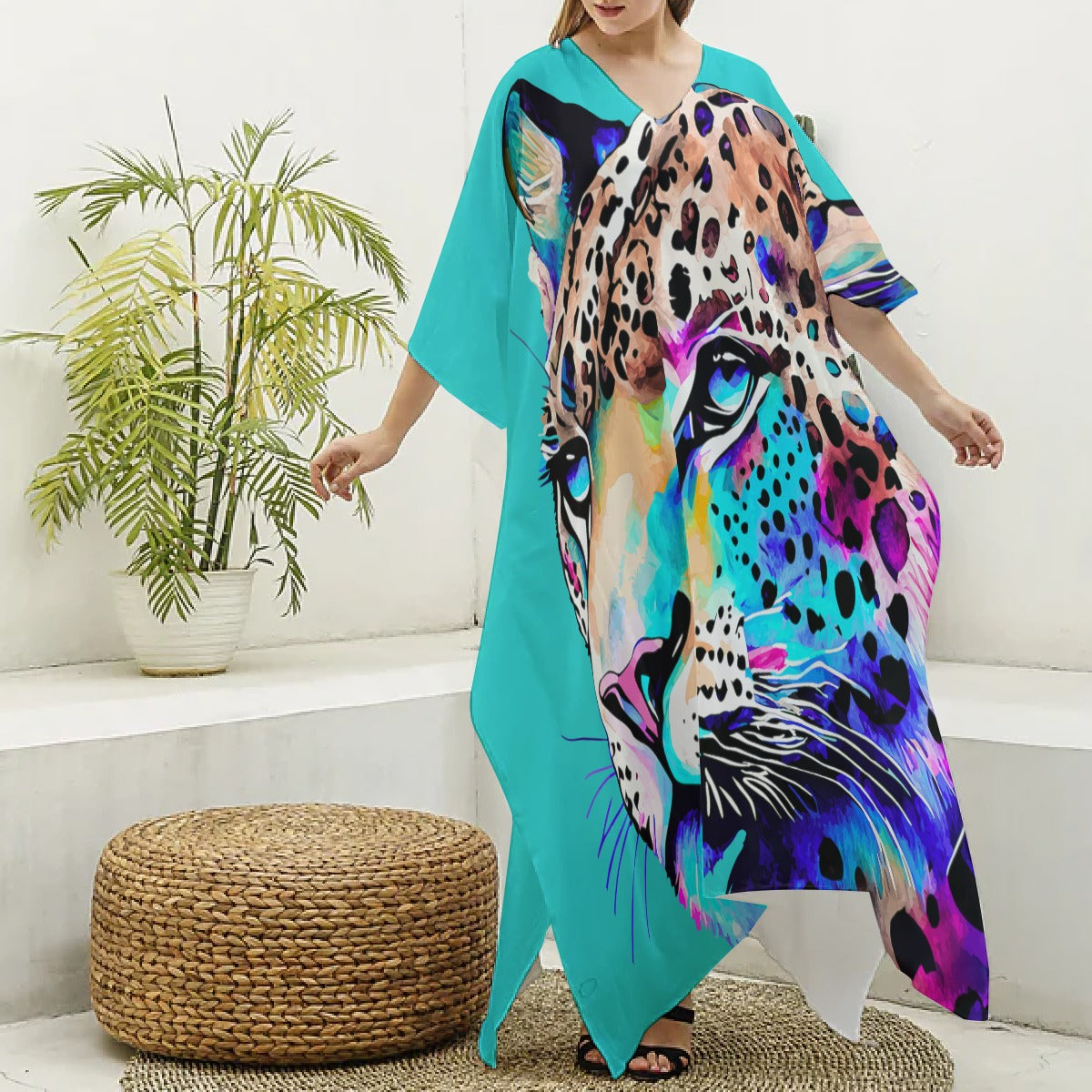 Kaftan – Turquoise, Colorful Leopard Print, V-neck Kaftan