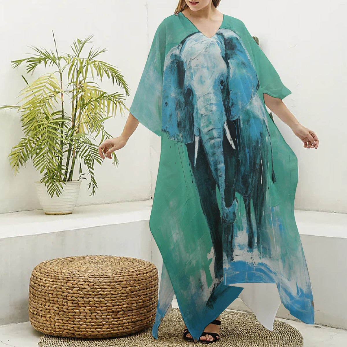 Kaftan, Teal Women's V-neck, Majestic Animal Print