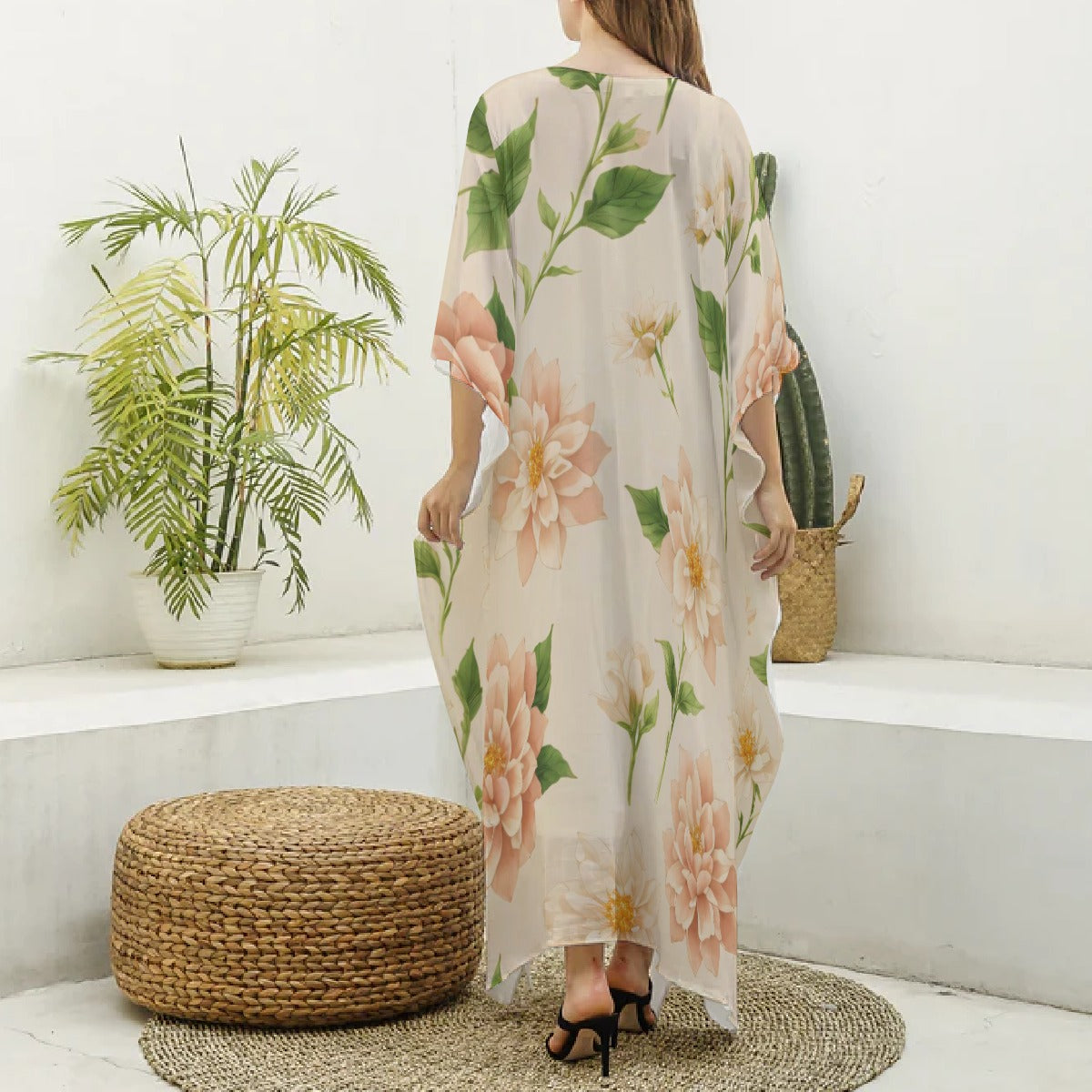 Kaftan, Tan with Soft Pink Floral Designs