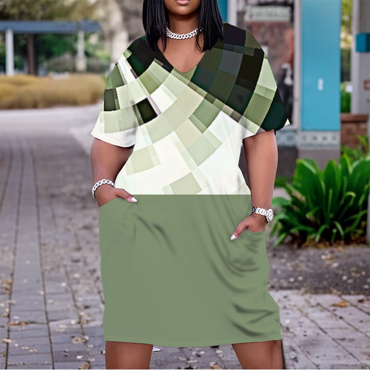 Women’s 3D Green Modern Design V-Neck Short Sleeve Dress.