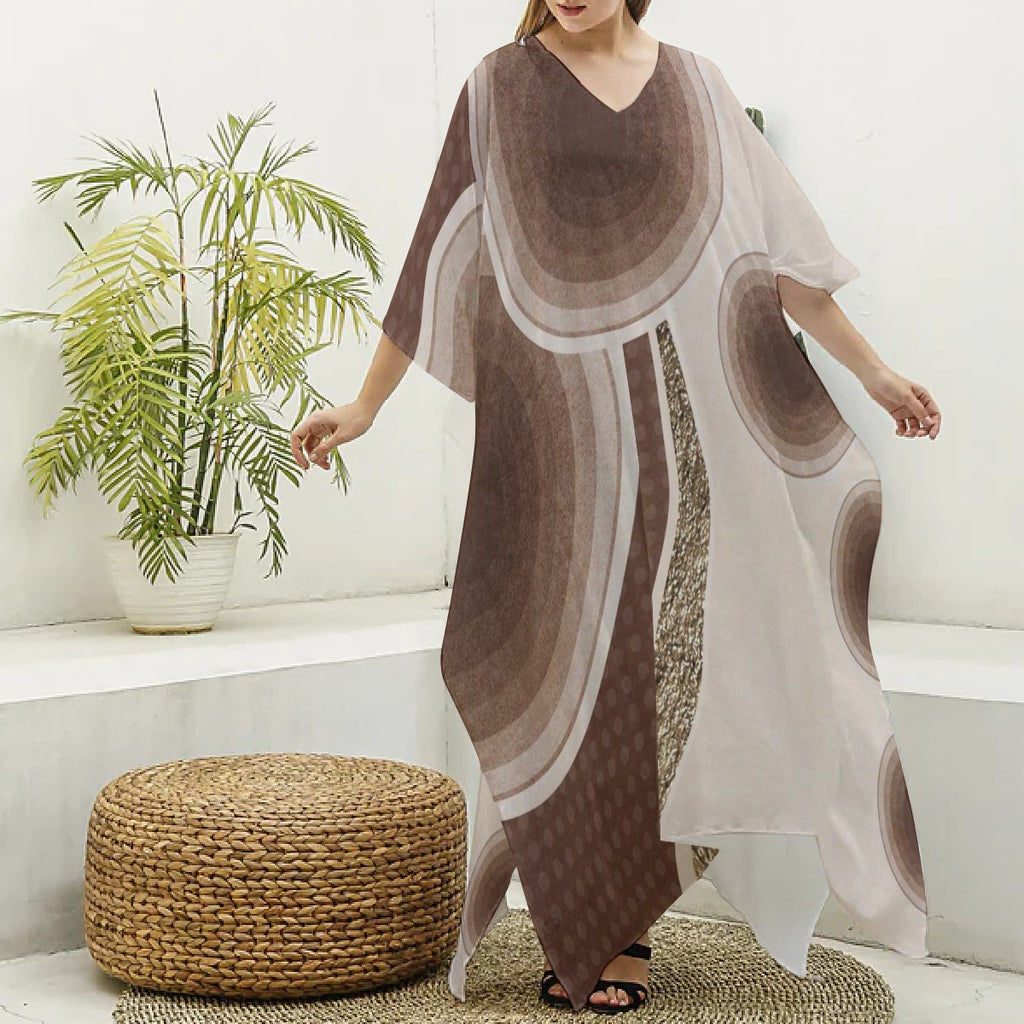 Kaftans,Women's Minimalist Brown V-Neck Kaftan Cover-Up