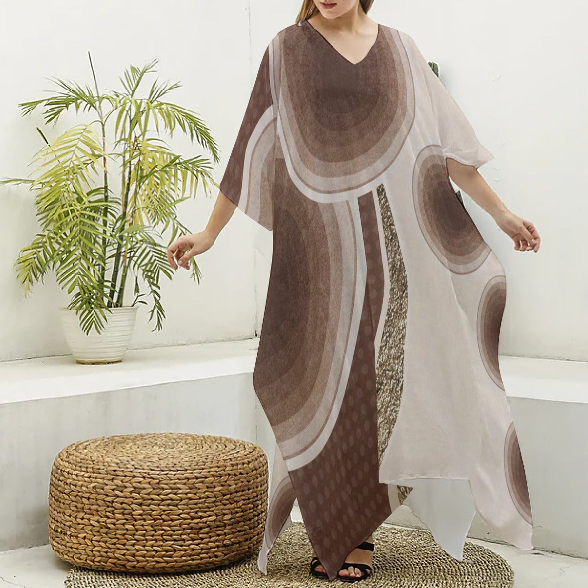 Kaftans,Women's Minimalist Brown V-Neck Kaftan Cover-Up