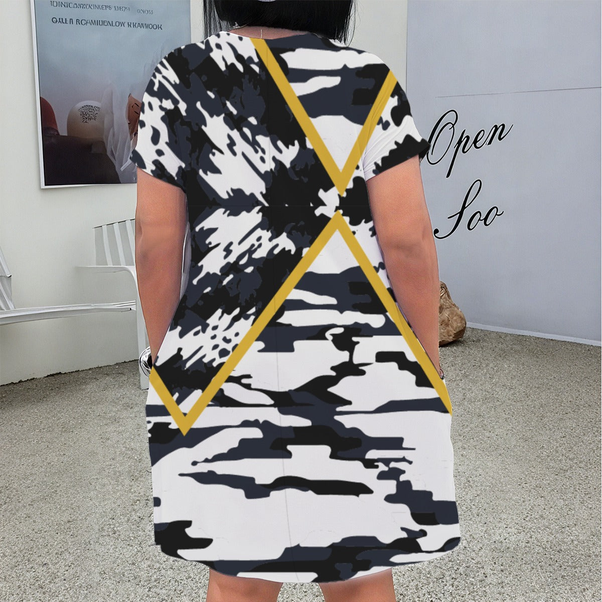 Women's Black/White V-Neck Short Sleeve Dress, Gold Accent