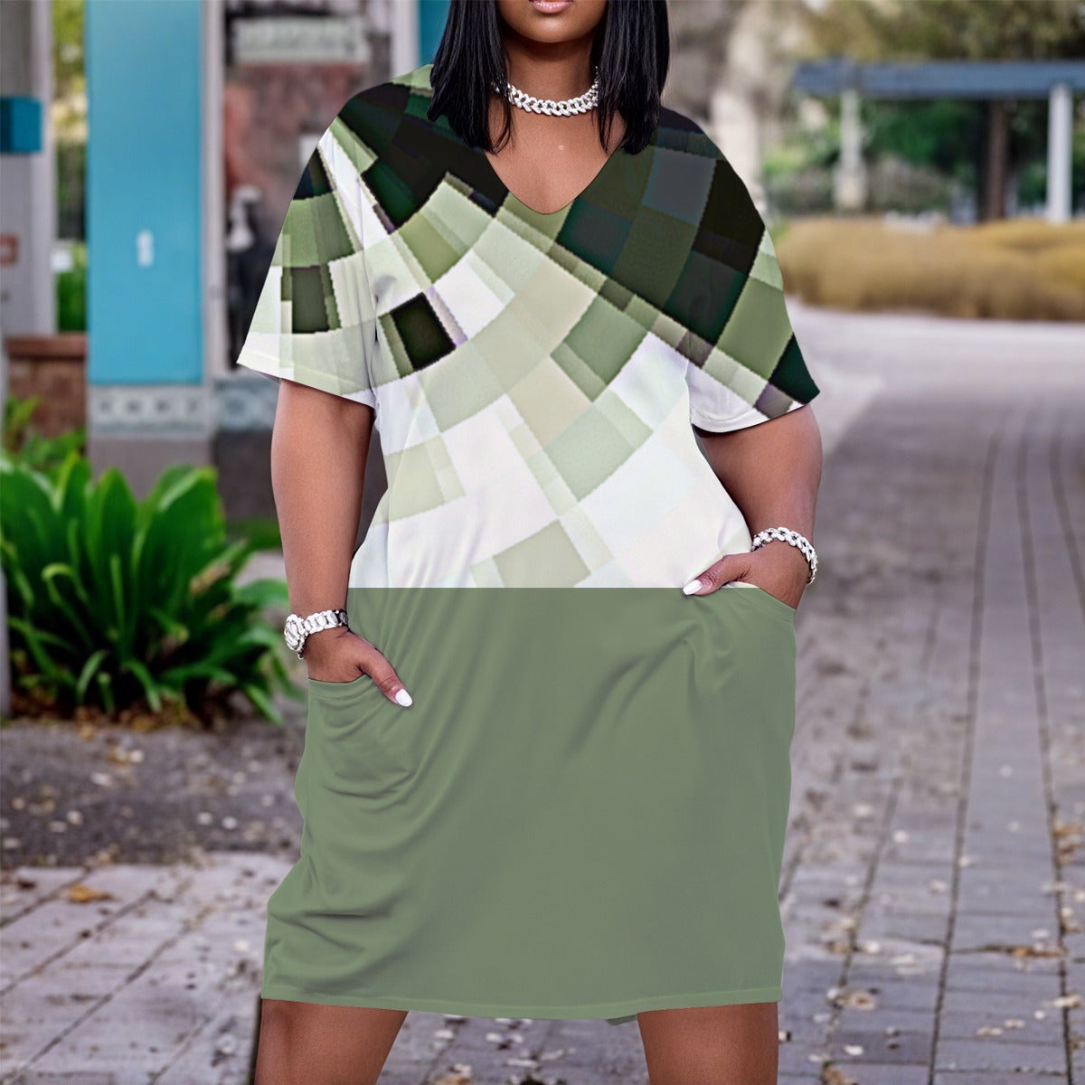 Women’s 3D Green Modern Design V-Neck Short Sleeve Dress.