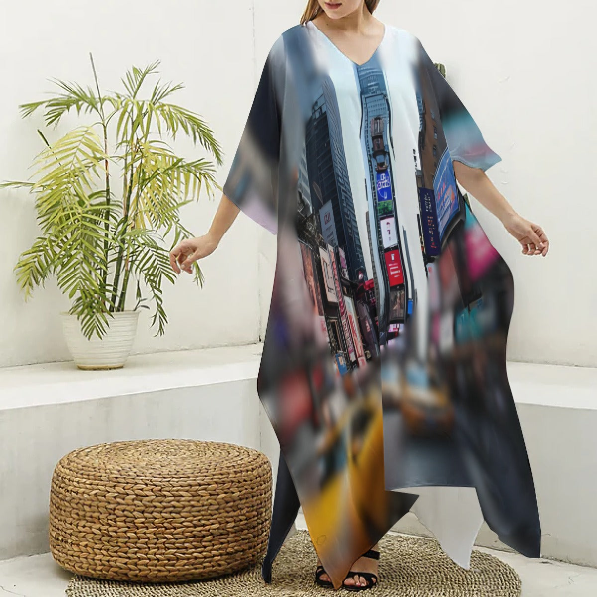 Kaftan, Cityscape – Blue/ Red  V-neck Kaftan Robe