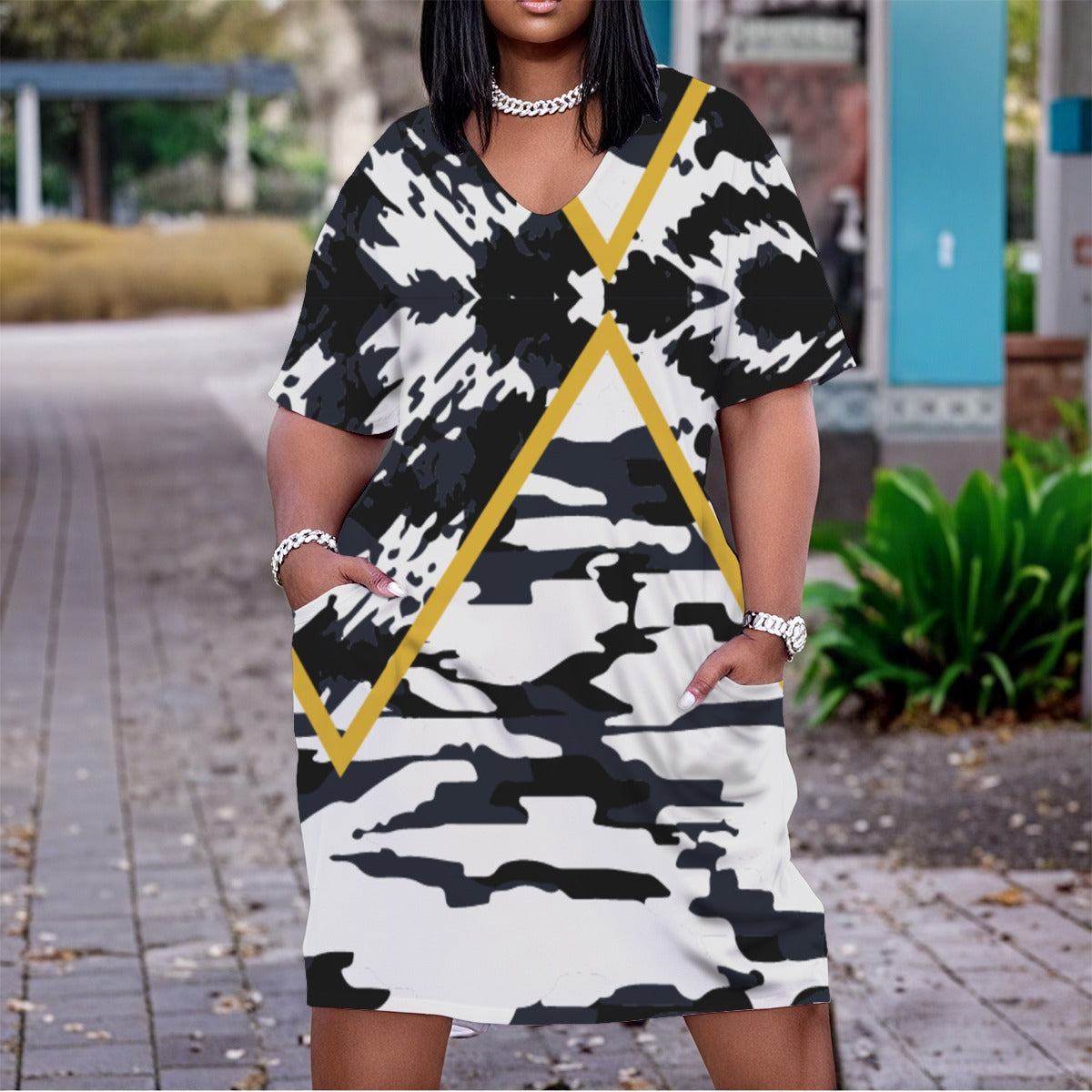 Women's Black/White V-Neck Short Sleeve Dress, Gold Accent