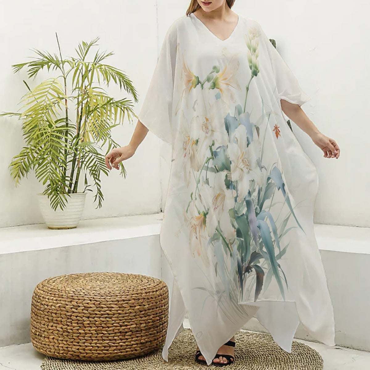 Kaftans, Women's  White/Light Blue Botanical V-Neck Kaftan