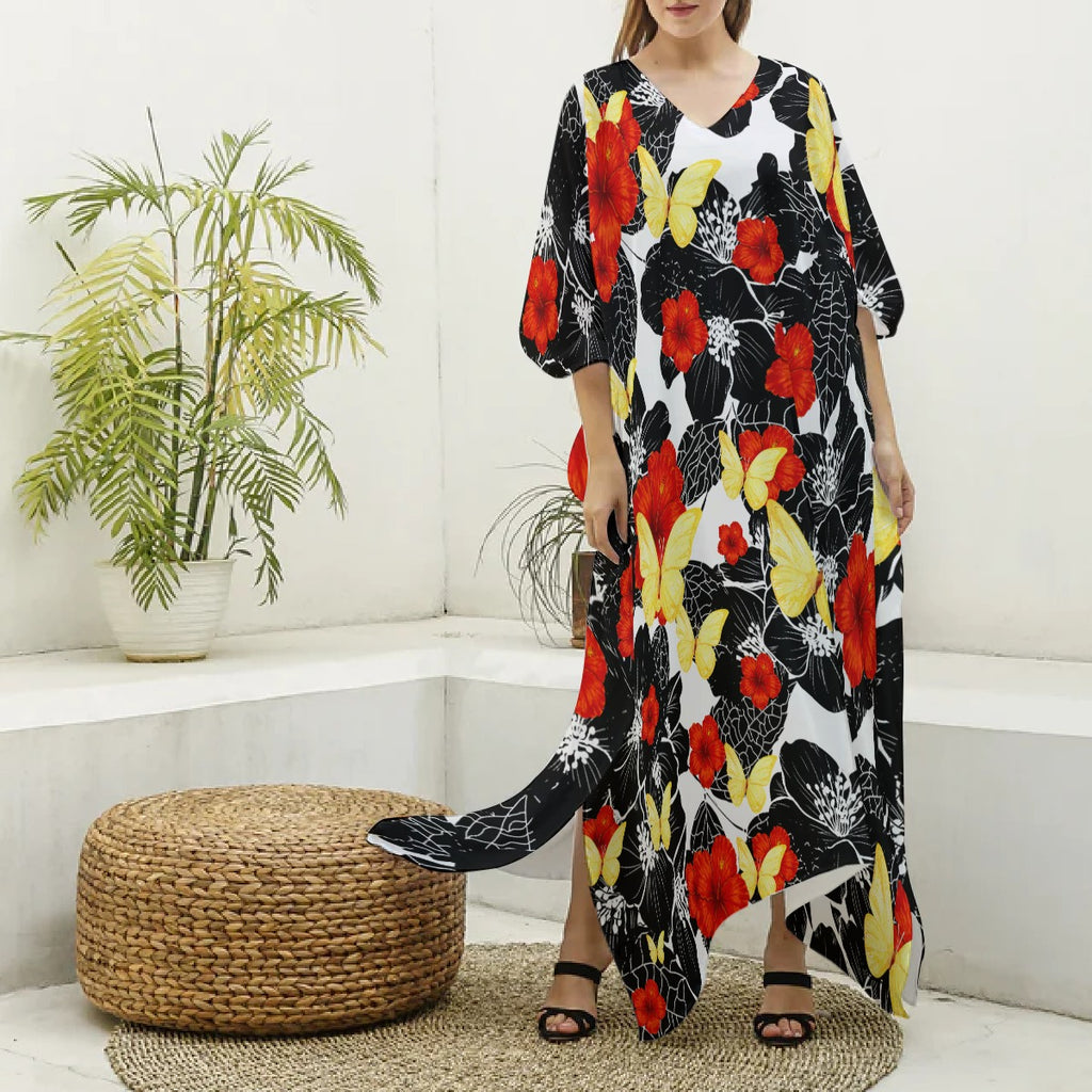 Floral Kaftan – Poppies & Butterflies V-neck Kaftan Robe