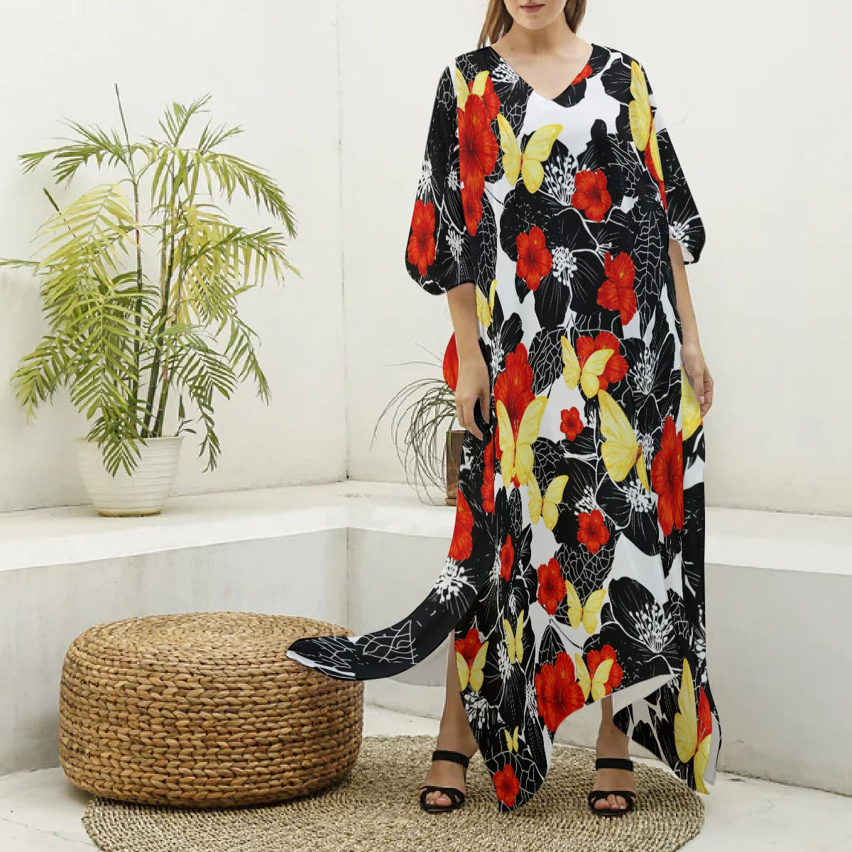 Floral Kaftan – Poppies & Butterflies V-neck Kaftan Robe