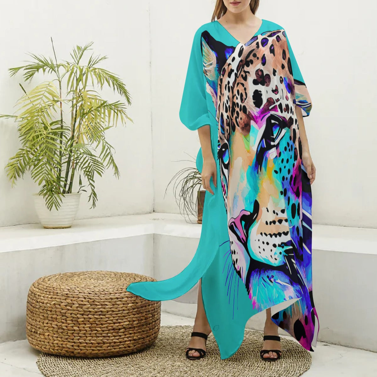 Kaftan – Turquoise, Colorful Leopard Print, V-neck Kaftan