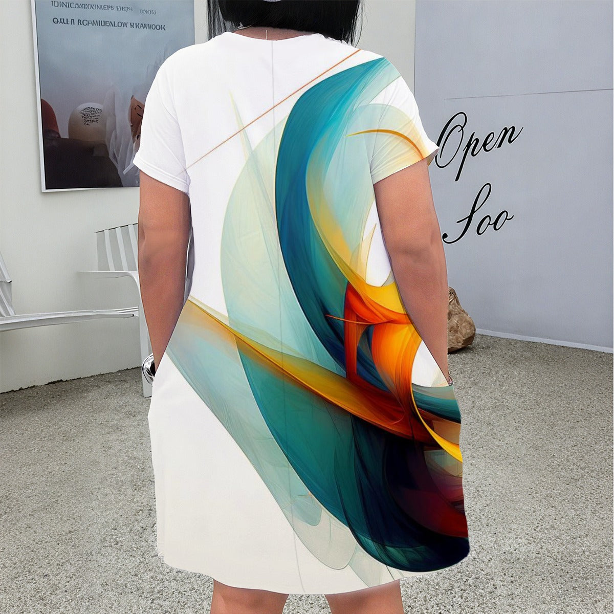 Women's Artistic Abstract V Neck Short Sleeve Dress|Plus Size