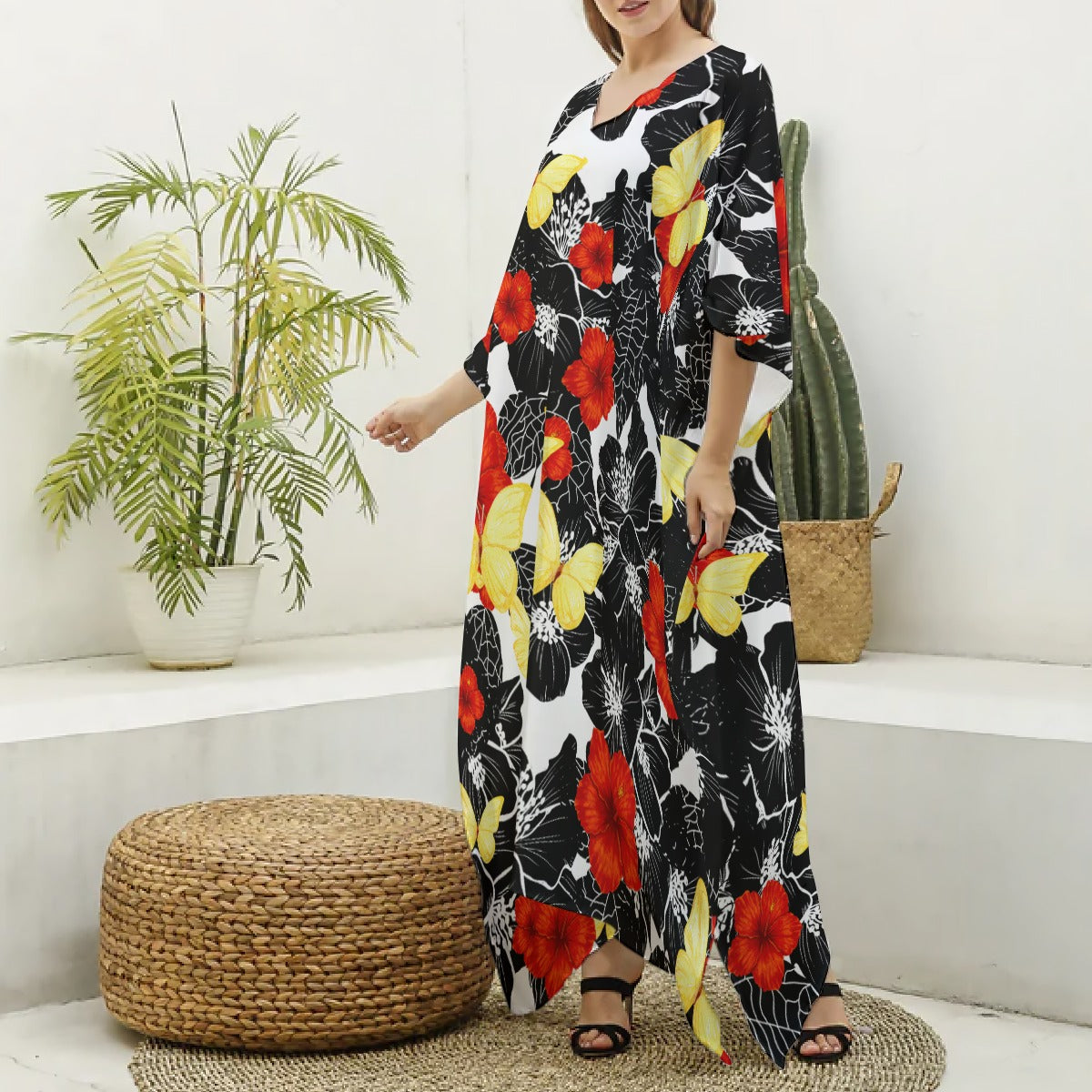 Floral Kaftan – Poppies & Butterflies V-neck Kaftan Robe