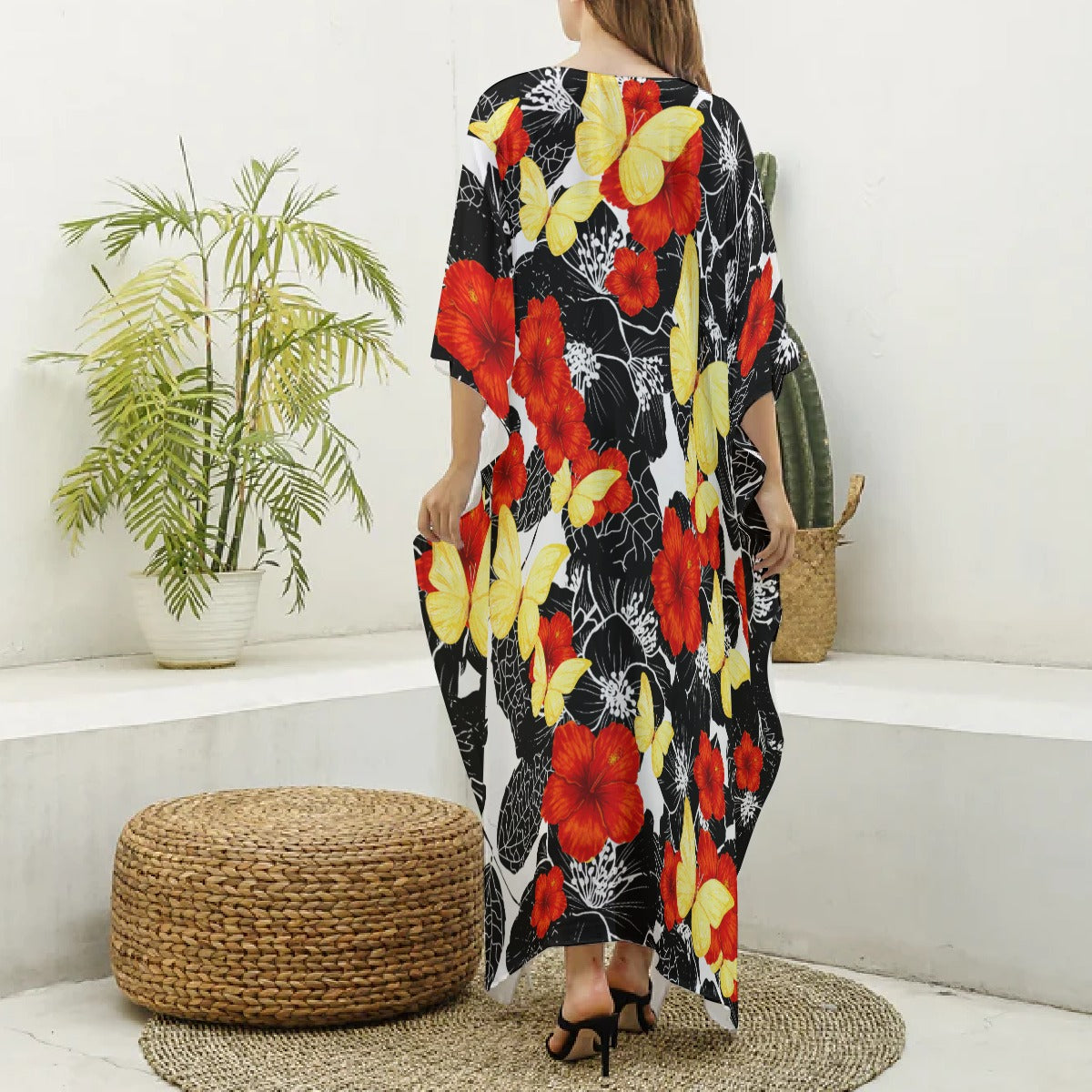 Floral Kaftan – Poppies & Butterflies V-neck Kaftan Robe