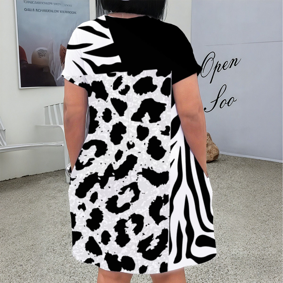 Women's Black & White V-Neck Short Sleeve Dress with Zebra & Leopard Print