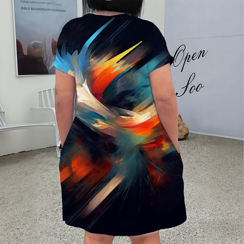 Womens Multicolor Abstract Black V-Neck Short Dress