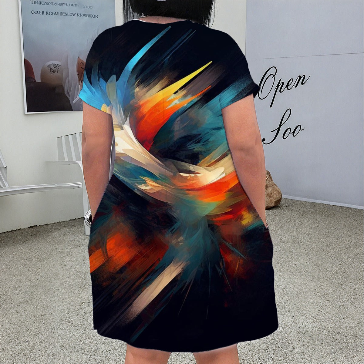 Womens Multicolor Abstract Black V-Neck Short Dress