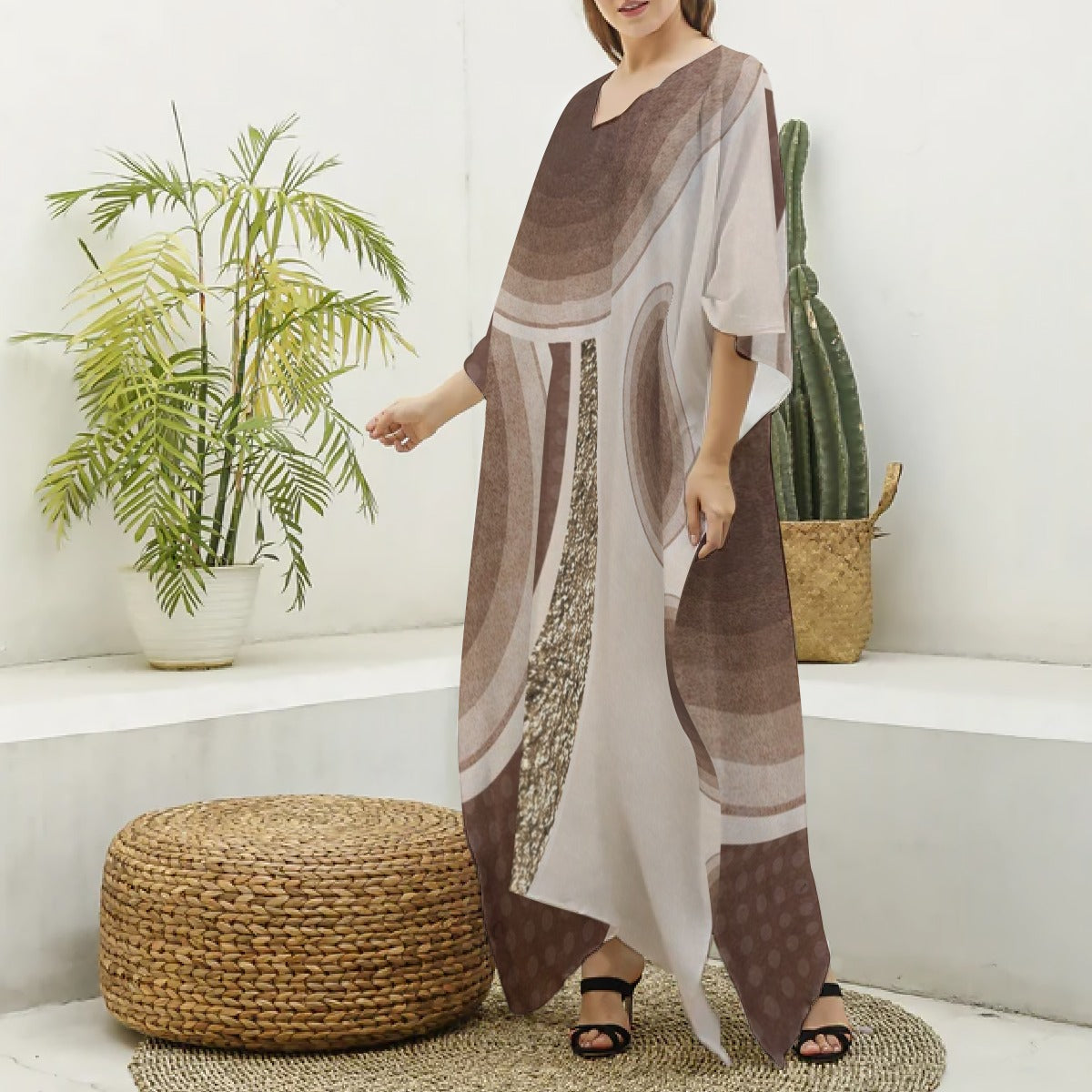 Kaftans,Women's Minimalist Brown V-Neck Kaftan Cover-Up