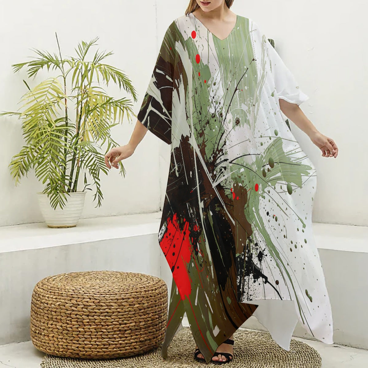 Kaftan, Women's Vibrant Green Multicolor Abstract Kaftan Dress