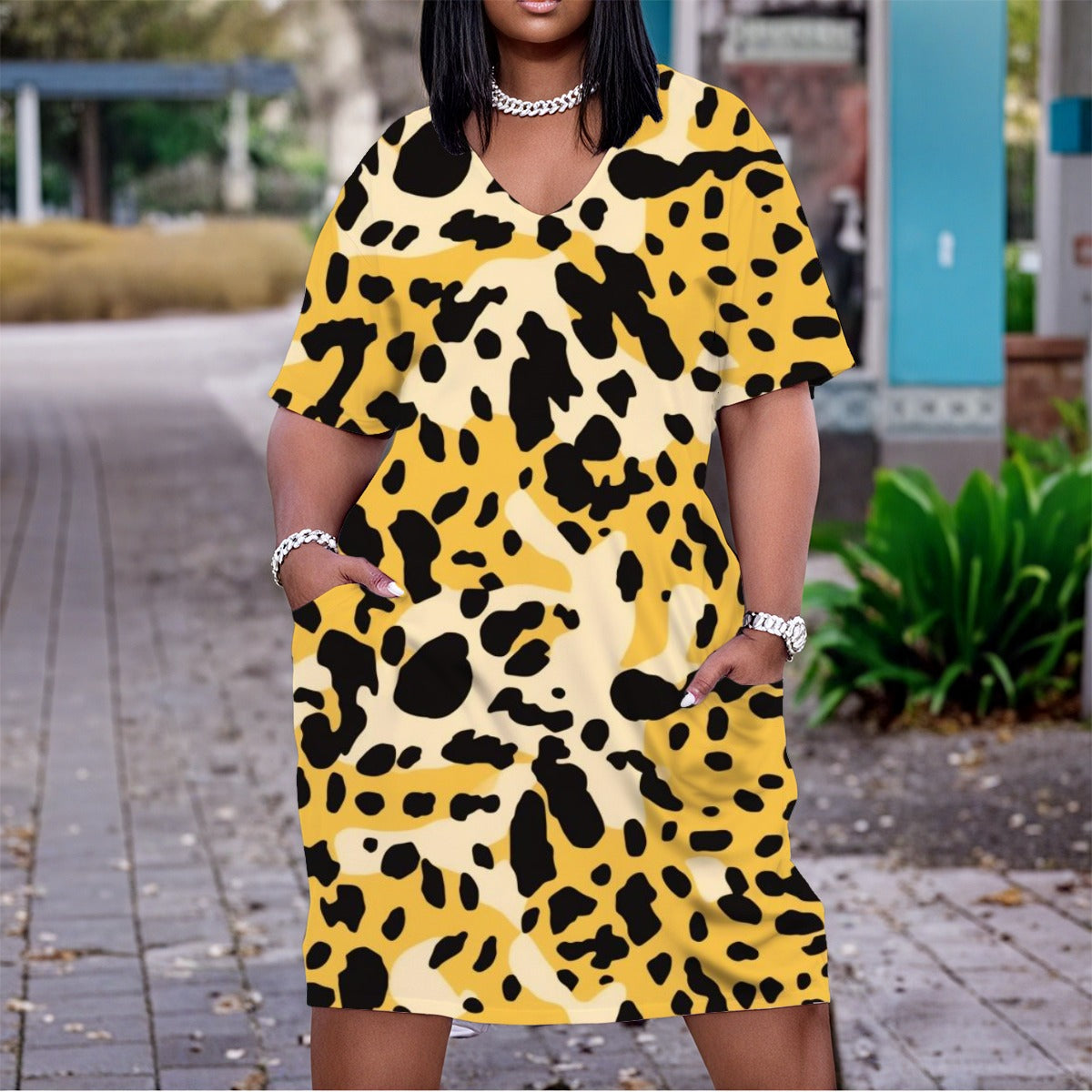 Women's V-Neck Dress Leopard Print Inspired |Plus Sizes
