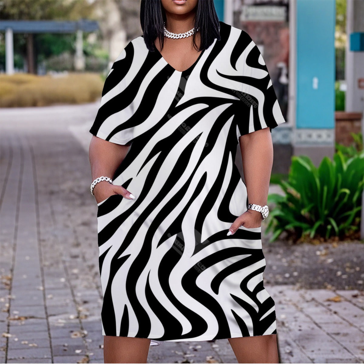 Zebra Print Women'S V Neck Short Sleeve Dress