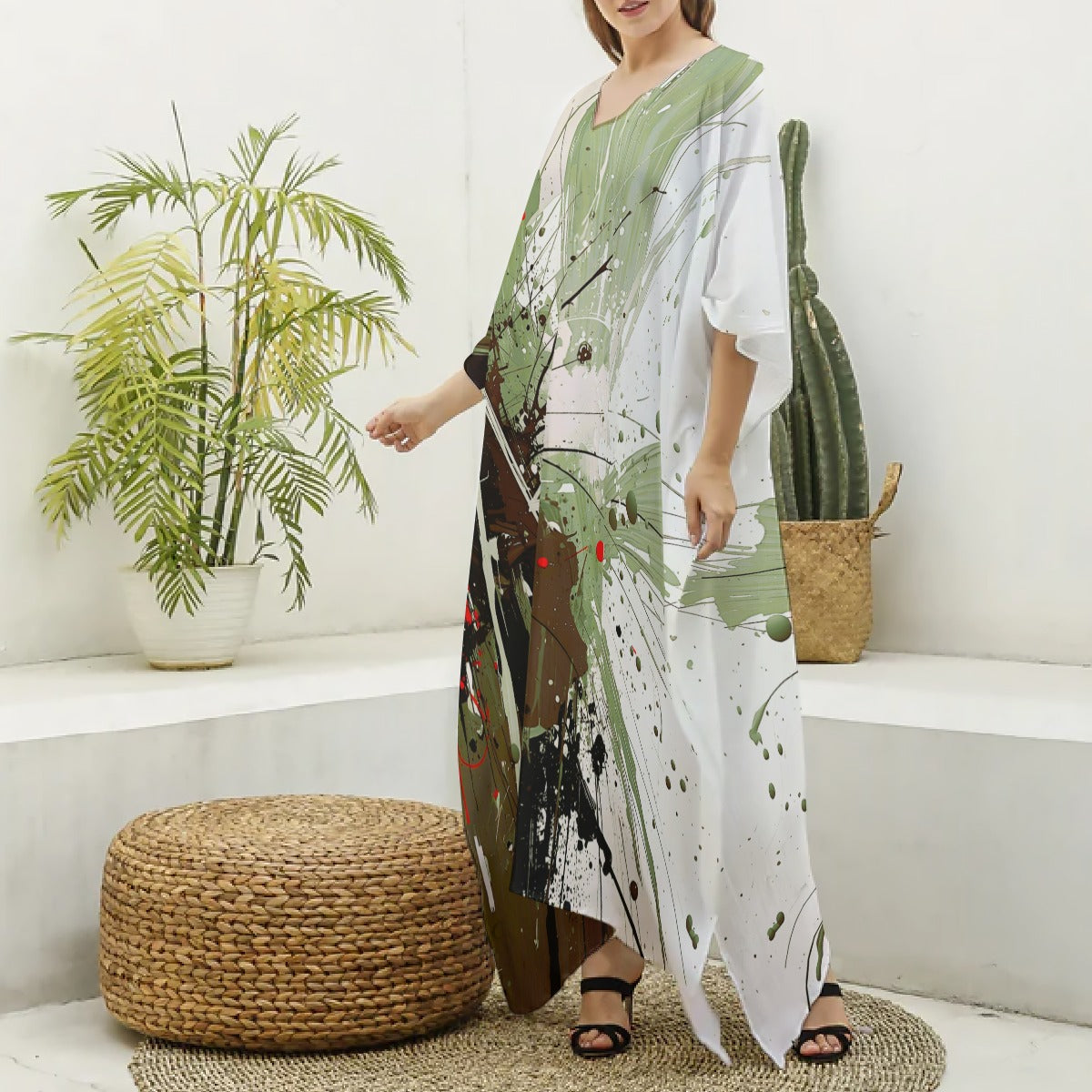 Kaftan, Women's Vibrant Green Multicolor Abstract Kaftan Dress