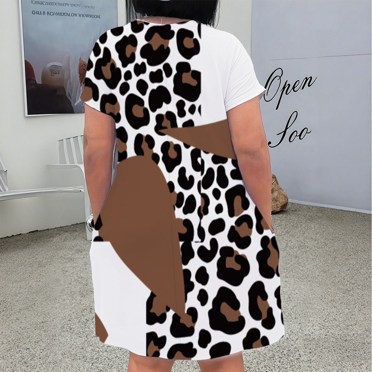 Women's Leopard Black & White Dress with Solid Brown Design & Pockets