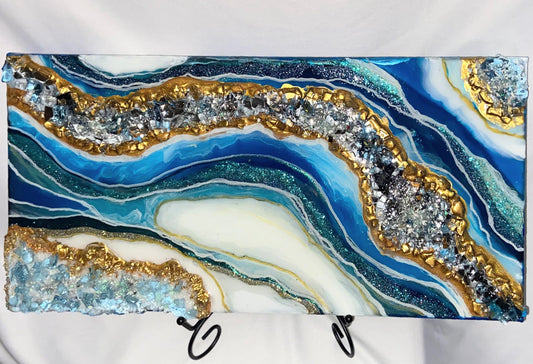 Azure Echo: Handcrafted Blue & Gold Geode Art with Textured Detailing