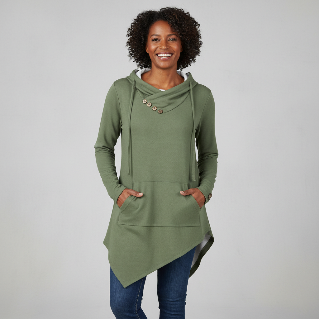 Women's Olive-Green Asymmetric Hem Hoodies