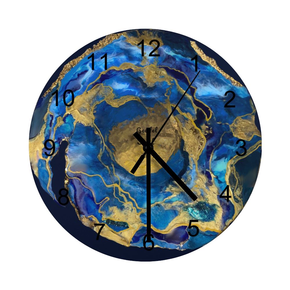 Wall Clock, Blue & Gold Abstract Design