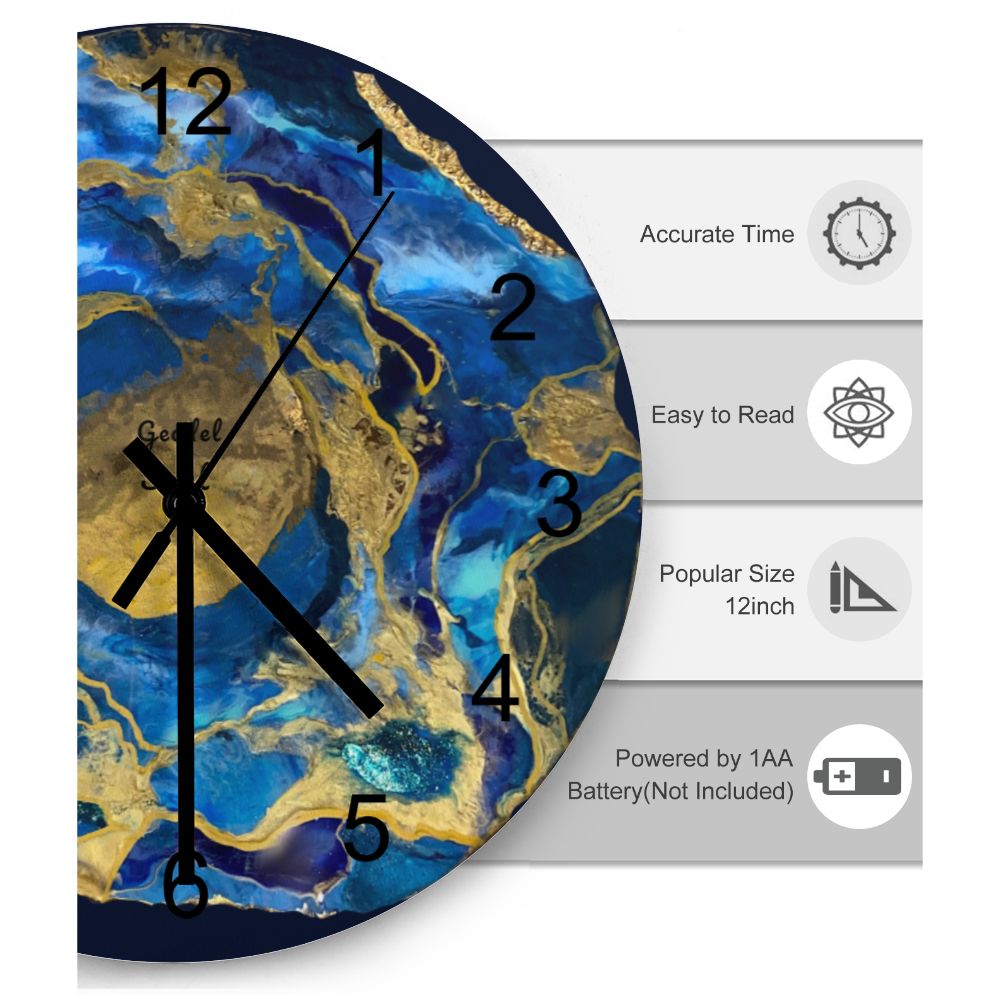 Wall Clock, Blue & Gold Abstract Design