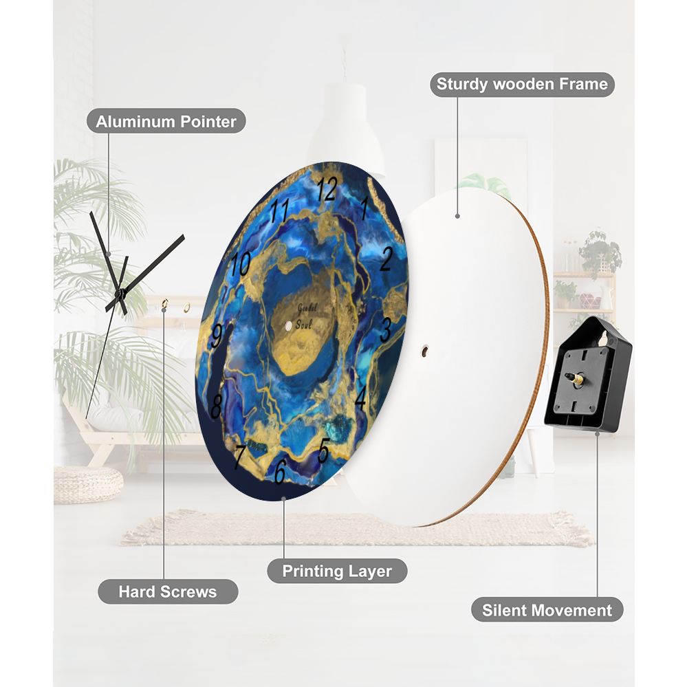 Wall Clock, Blue & Gold Abstract Design