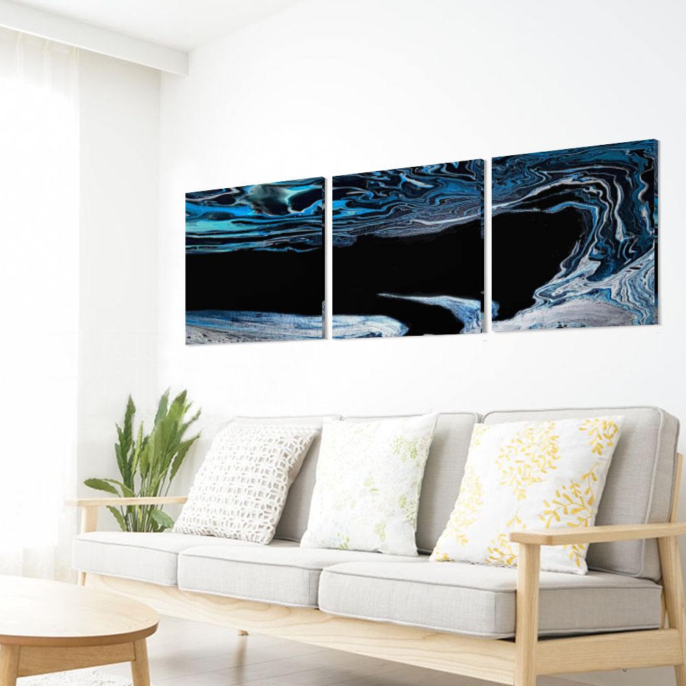 Canvas Set 3-piece Art Print, Blue Agate Fluid Artwork (square)