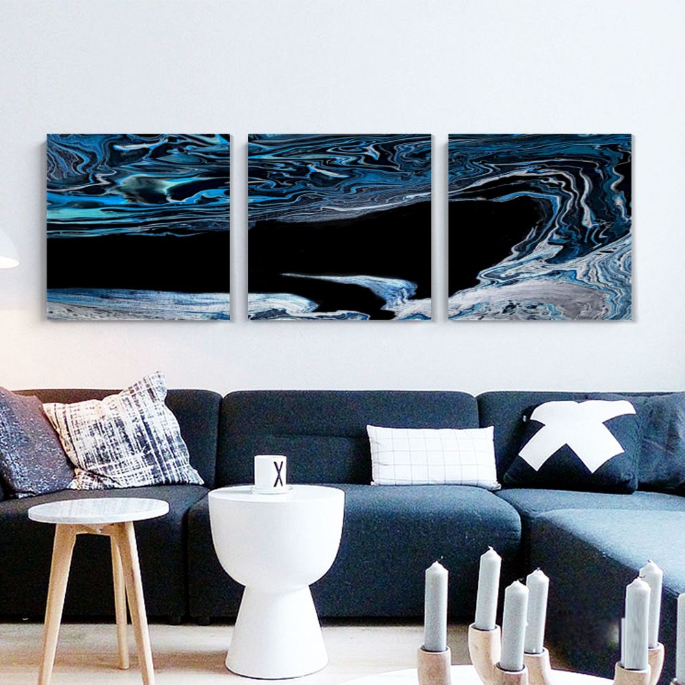 Canvas Set 3-piece Art Print, Blue Agate Fluid Artwork (square)