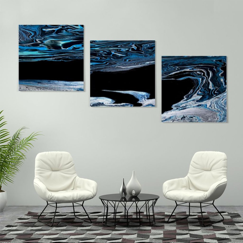 Canvas Set 3-piece Art Print, Blue Agate Fluid Artwork (square)