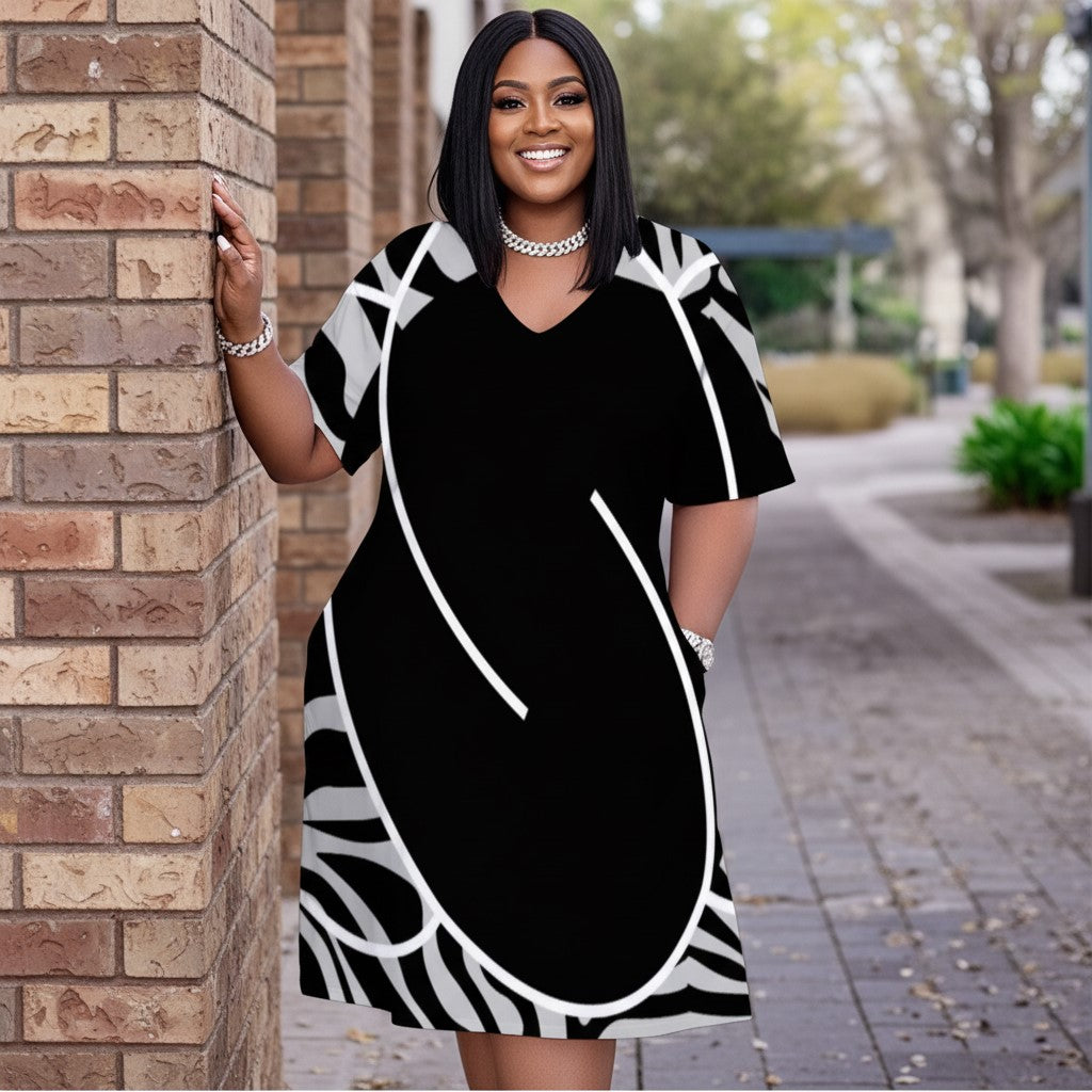 Women's Zebra Print V-Neck Dress with Solid Black Center, Line Art & Pockets