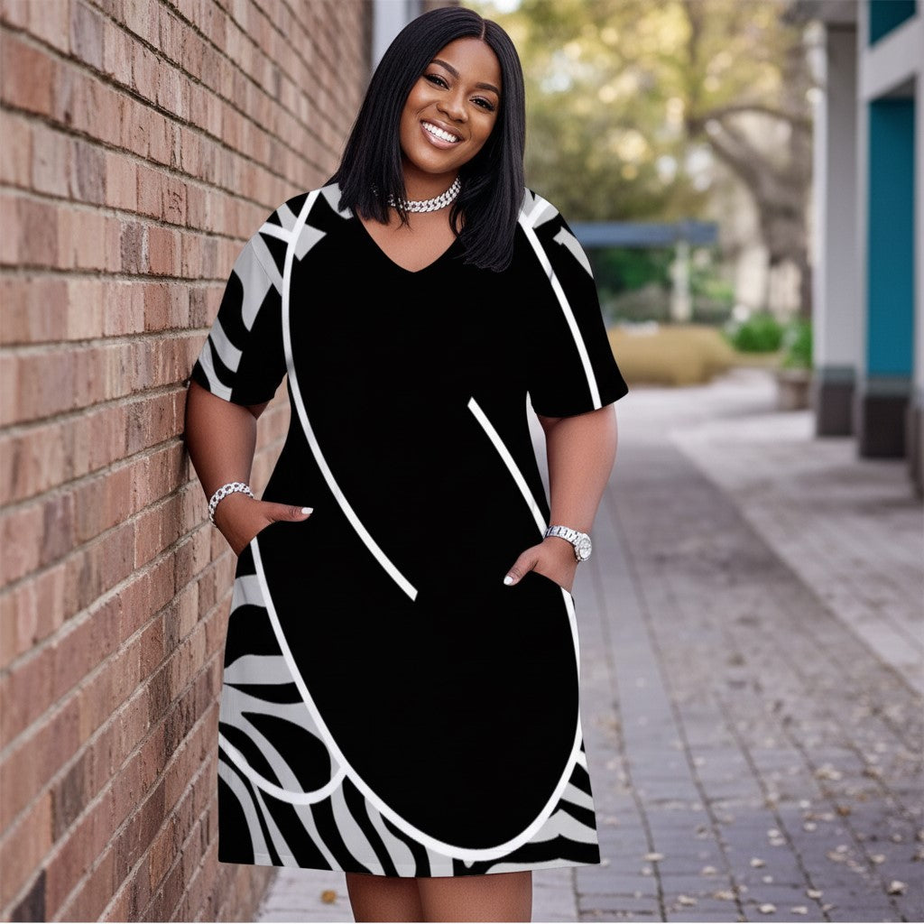 Women's Zebra Print V-Neck Dress with Solid Black Center, Line Art & Pockets