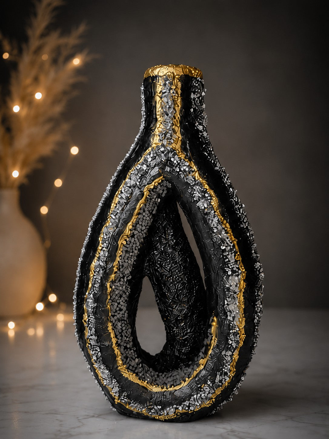 Vase – Black, Gold & Geode Decor, Glow Tealight